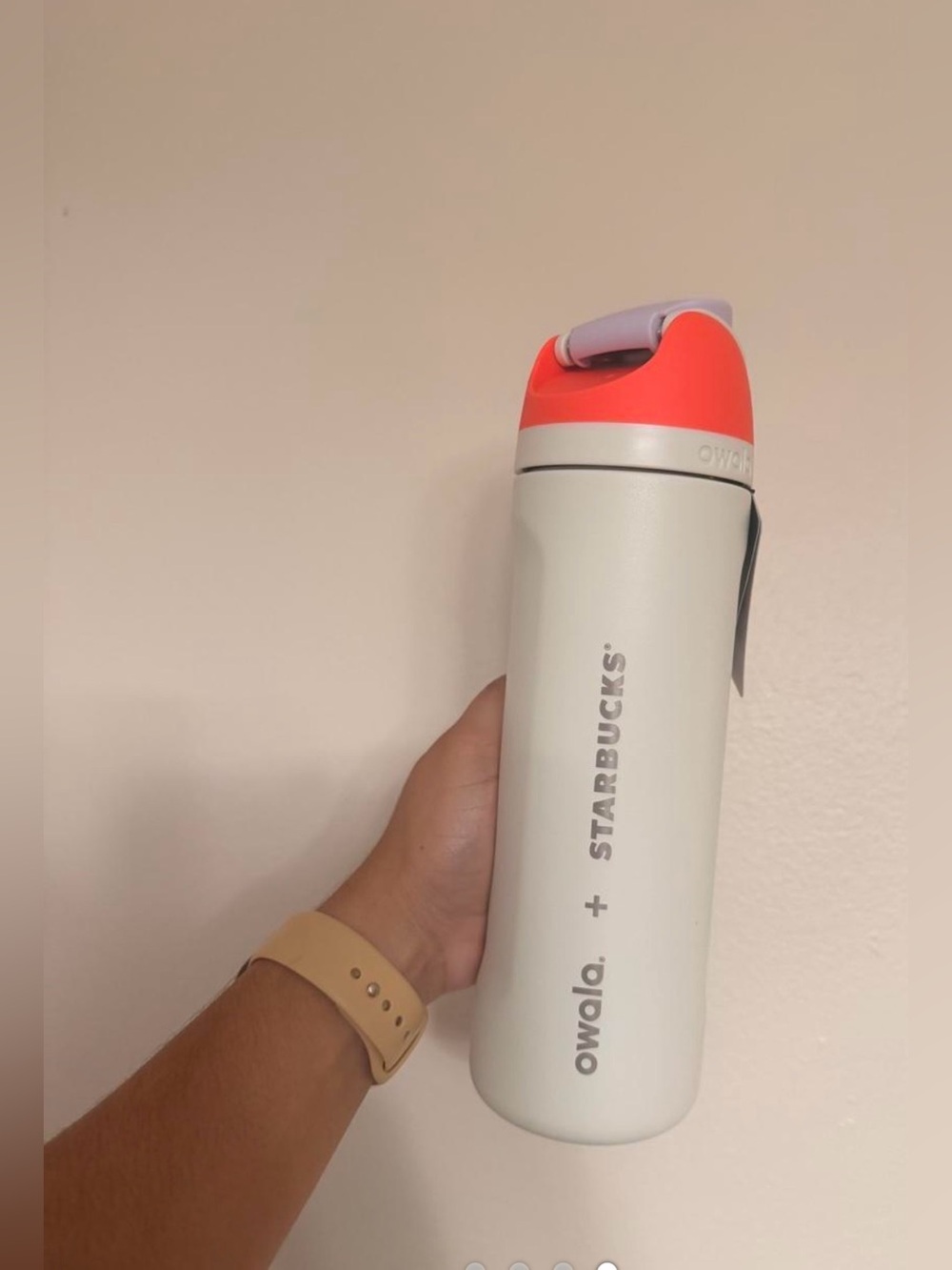 New! Owala + Starbucks White Travel Bottle with Coral Lid